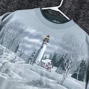 Vintage Artisans Sweatshirt Womens XL Gray Lighthouse Winter Scene Pullover USA